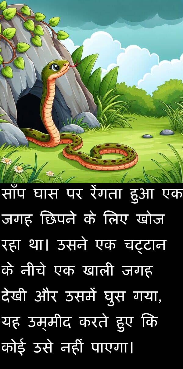 छिपने: साँप घास पर रेंगता हुआ एक जगह छिपने के लिए खोज रहा था। उसने एक चट्टान के नीचे एक खाली जगह देखी और उसमें घुस गया, यह उम्मीद करते हुए कि कोई उसे नहीं पाएगा।