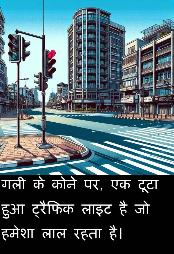लाइट: गली के कोने पर, एक टूटा हुआ ट्रैफिक लाइट है जो हमेशा लाल रहता है।