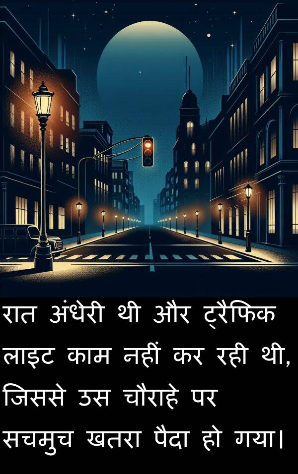 लाइट: रात अंधेरी थी और ट्रैफिक लाइट काम नहीं कर रही थी, जिससे उस चौराहे पर सचमुच खतरा पैदा हो गया।