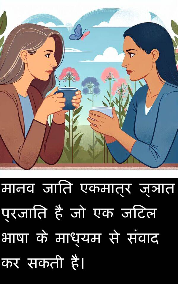 भाषा: मानव जाति एकमात्र ज्ञात प्रजाति है जो एक जटिल भाषा के माध्यम से संवाद कर सकती है।