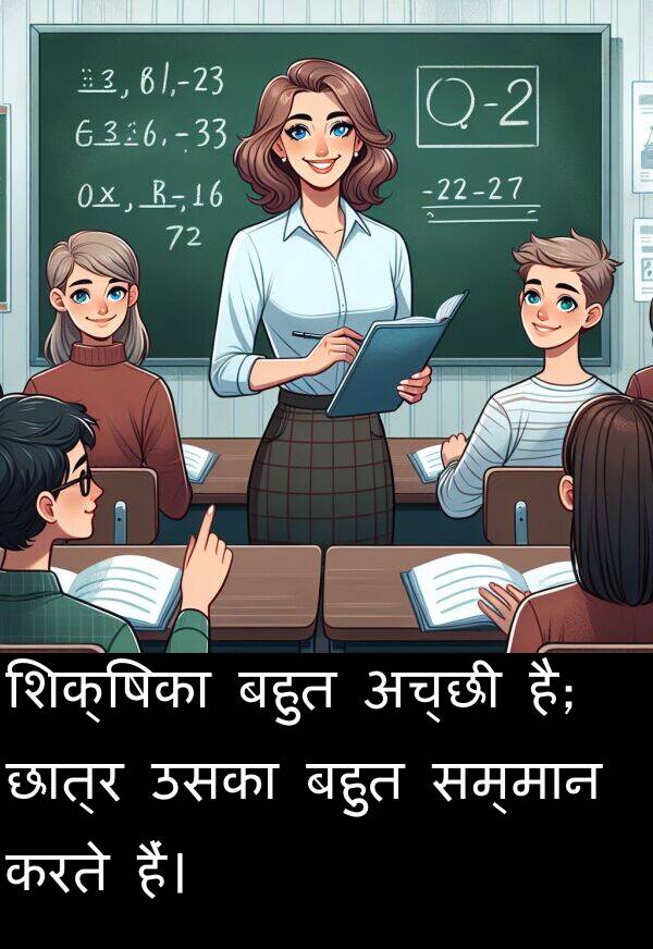 छात्र: शिक्षिका बहुत अच्छी है; छात्र उसका बहुत सम्मान करते हैं।