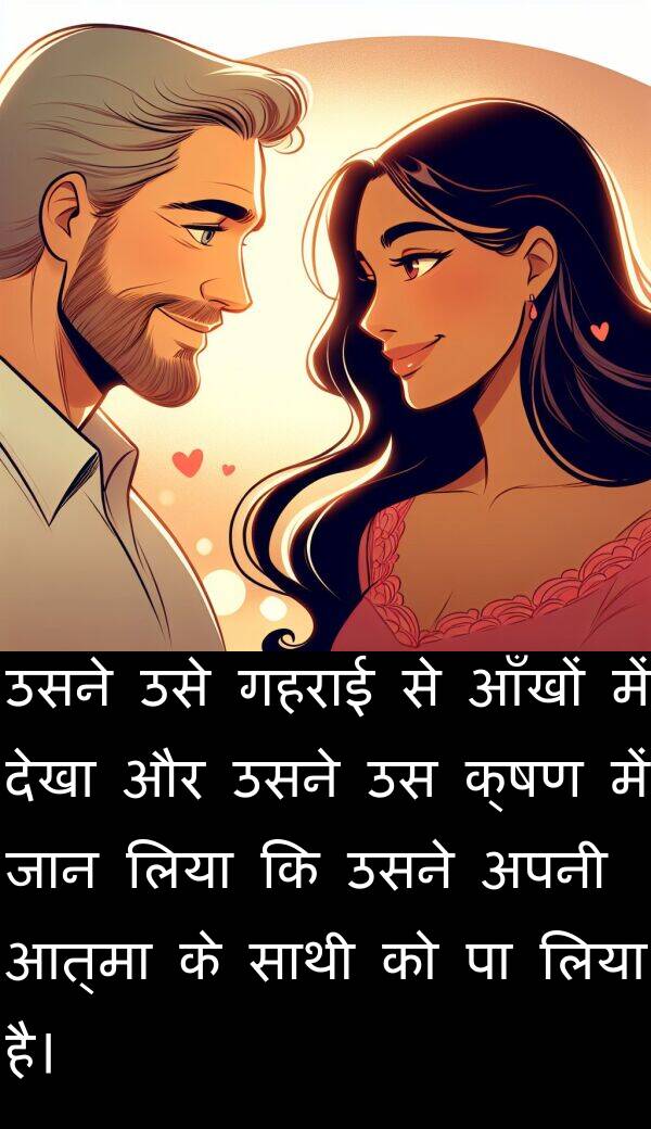 लिया: उसने उसे गहराई से आँखों में देखा और उसने उस क्षण में जान लिया कि उसने अपनी आत्मा के साथी को पा लिया है।