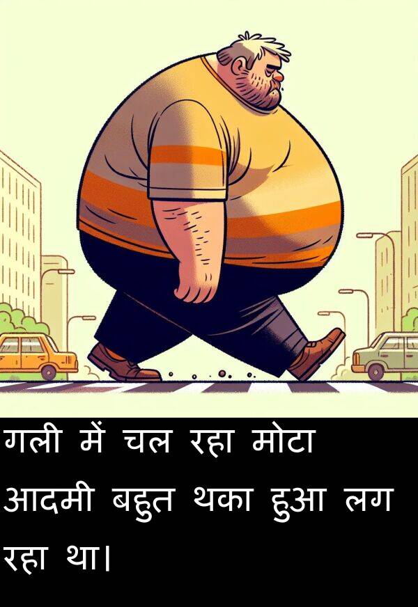 आदमी: गली में चल रहा मोटा आदमी बहुत थका हुआ लग रहा था।