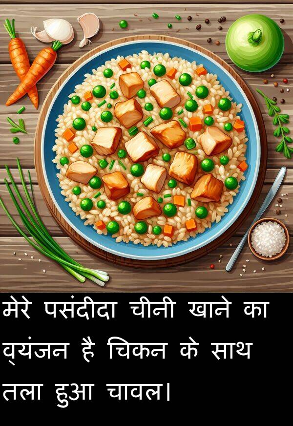 खाने: मेरे पसंदीदा चीनी खाने का व्यंजन है चिकन के साथ तला हुआ चावल।