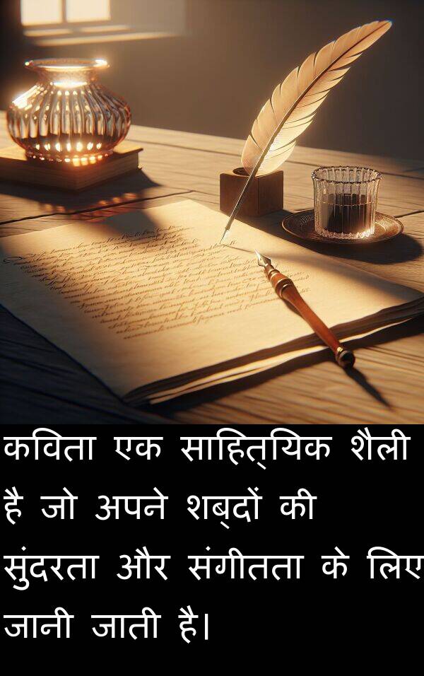 संगीतता: कविता एक साहित्यिक शैली है जो अपने शब्दों की सुंदरता और संगीतता के लिए जानी जाती है।