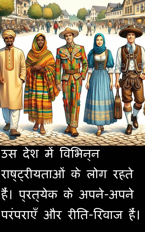 परंपराएँ: उस देश में विभिन्न राष्ट्रीयताओं के लोग रहते हैं। प्रत्येक के अपने-अपने परंपराएँ और रीति-रिवाज हैं।