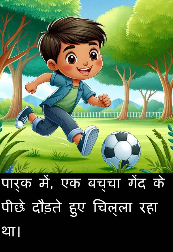 बच्चा: पार्क में, एक बच्चा गेंद के पीछे दौड़ते हुए चिल्ला रहा था।