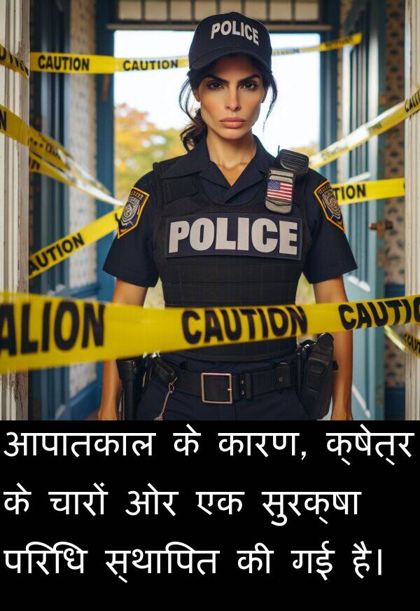 परिधि: आपातकाल के कारण, क्षेत्र के चारों ओर एक सुरक्षा परिधि स्थापित की गई है।