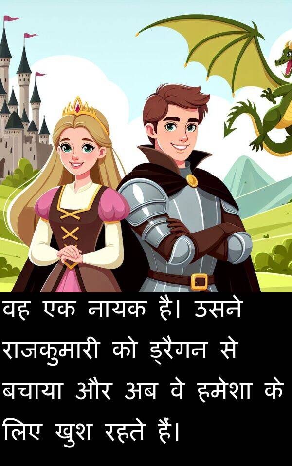 खुश: वह एक नायक है। उसने राजकुमारी को ड्रैगन से बचाया और अब वे हमेशा के लिए खुश रहते हैं।