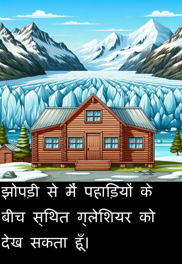 पहाड़ियों: झोपड़ी से मैं पहाड़ियों के बीच स्थित ग्लेशियर को देख सकता हूँ।