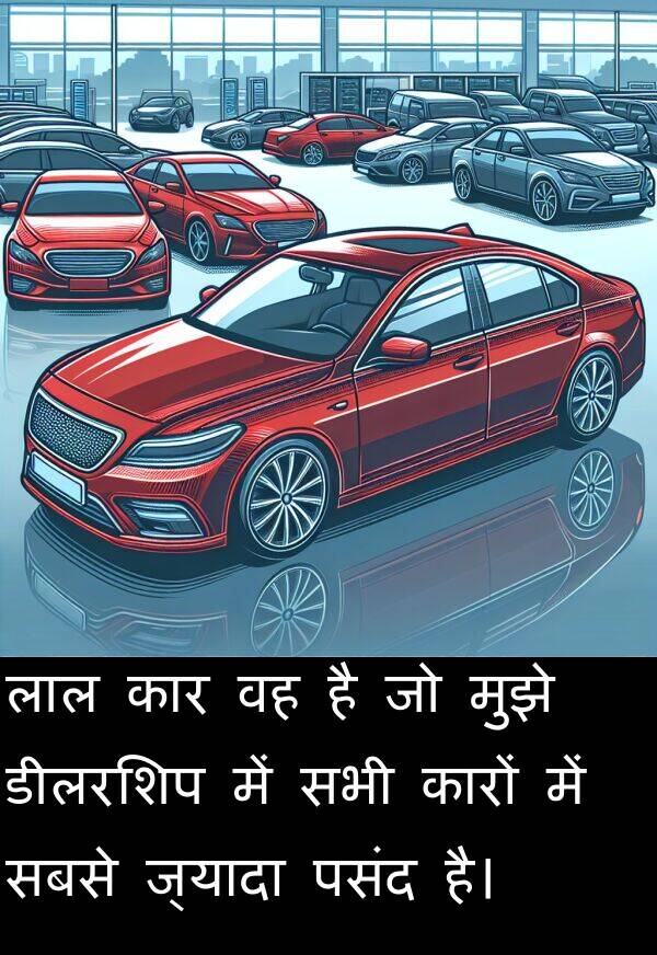 लाल: लाल कार वह है जो मुझे डीलरशिप में सभी कारों में सबसे ज्यादा पसंद है।