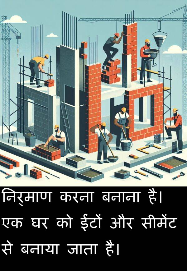 बनाया: निर्माण करना बनाना है। एक घर को ईंटों और सीमेंट से बनाया जाता है।