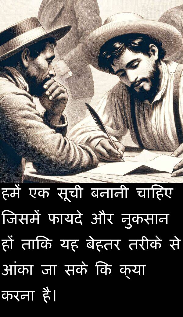 फायदे: हमें एक सूची बनानी चाहिए जिसमें फायदे और नुकसान हों ताकि यह बेहतर तरीके से आंका जा सके कि क्या करना है।