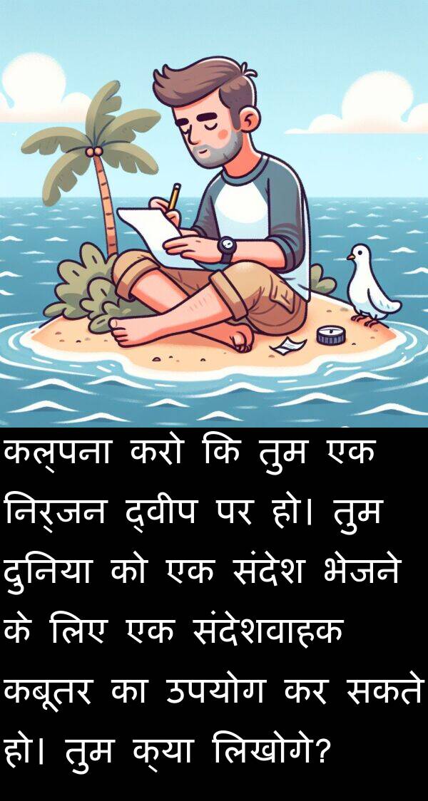 लिखोगे: कल्पना करो कि तुम एक निर्जन द्वीप पर हो। तुम दुनिया को एक संदेश भेजने के लिए एक संदेशवाहक कबूतर का उपयोग कर सकते हो। तुम क्या लिखोगे?
