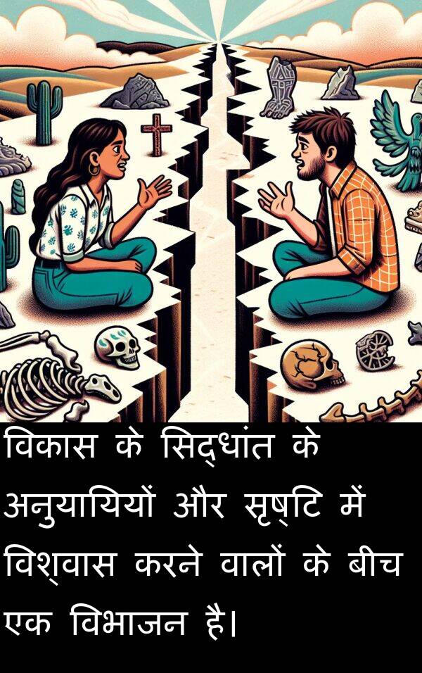 वालों: विकास के सिद्धांत के अनुयायियों और सृष्टि में विश्वास करने वालों के बीच एक विभाजन है।