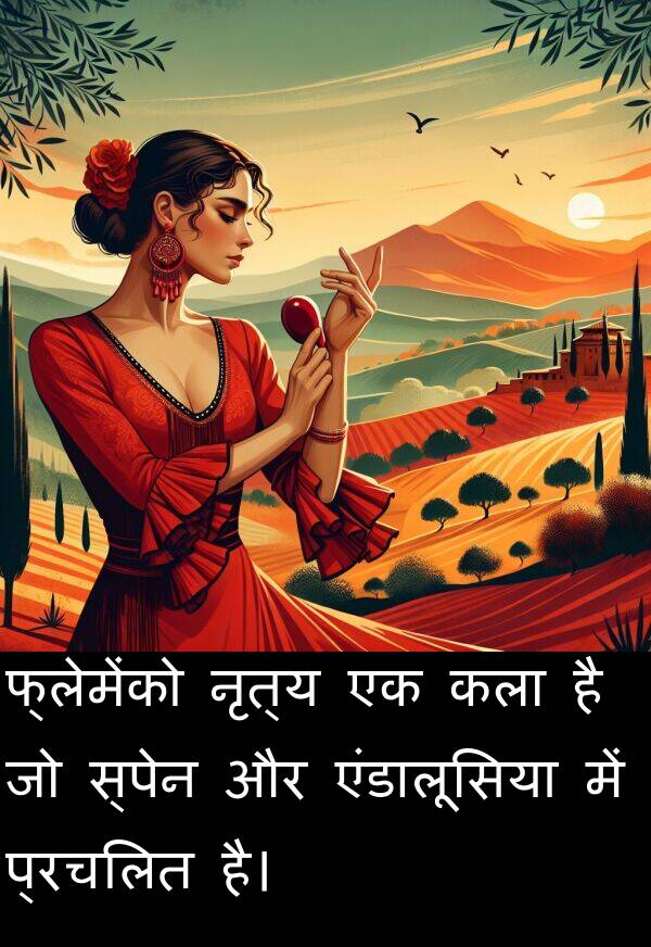 फ्लेमेंको: फ्लेमेंको नृत्य एक कला है जो स्पेन और एंडालूसिया में प्रचलित है।