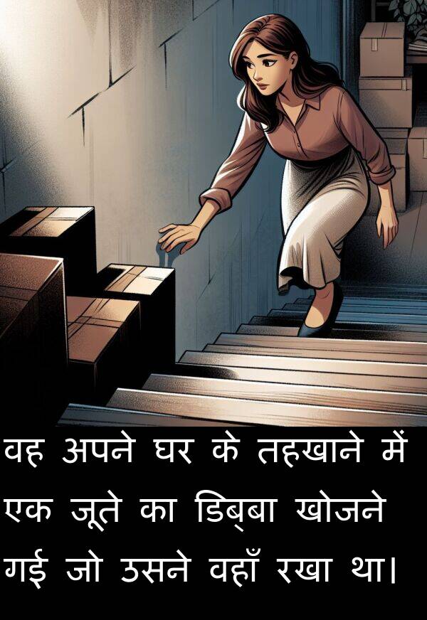 खोजने: वह अपने घर के तहखाने में एक जूते का डिब्बा खोजने गई जो उसने वहाँ रखा था।