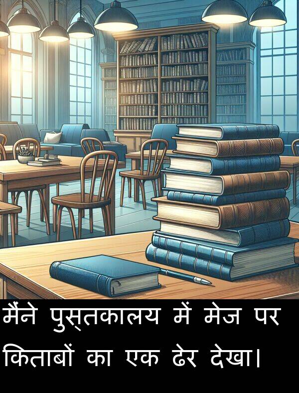 पुस्तकालय: मैंने पुस्तकालय में मेज पर किताबों का एक ढेर देखा।