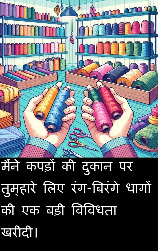 खरीदी।: मैंने कपड़ों की दुकान पर तुम्हारे लिए रंग-बिरंगे धागों की एक बड़ी विविधता खरीदी।