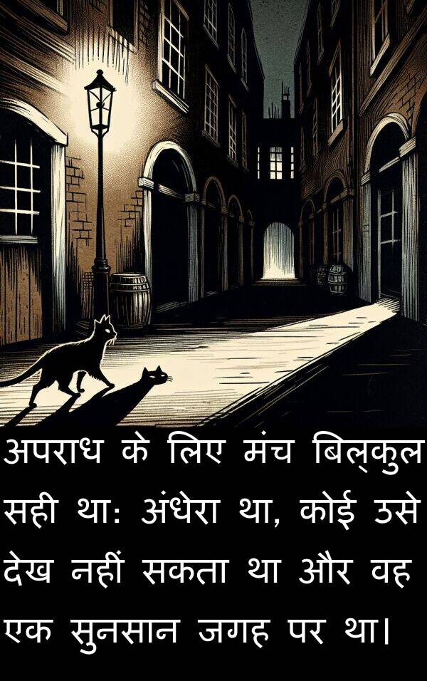 मंच: अपराध के लिए मंच बिल्कुल सही था: अंधेरा था, कोई उसे देख नहीं सकता था और वह एक सुनसान जगह पर था।