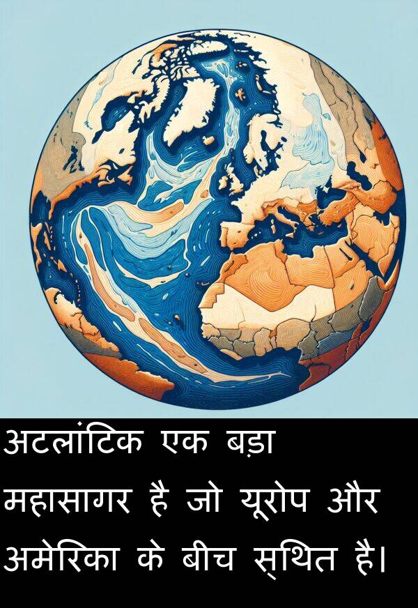महासागर: अटलांटिक एक बड़ा महासागर है जो यूरोप और अमेरिका के बीच स्थित है।