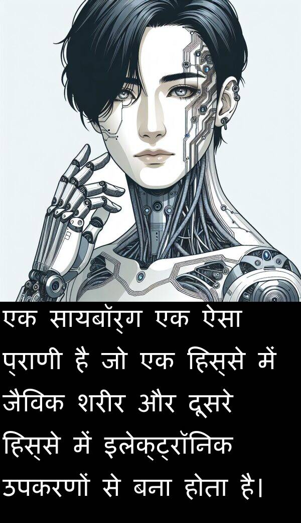 उपकरणों: एक सायबॉर्ग एक ऐसा प्राणी है जो एक हिस्से में जैविक शरीर और दूसरे हिस्से में इलेक्ट्रॉनिक उपकरणों से बना होता है।