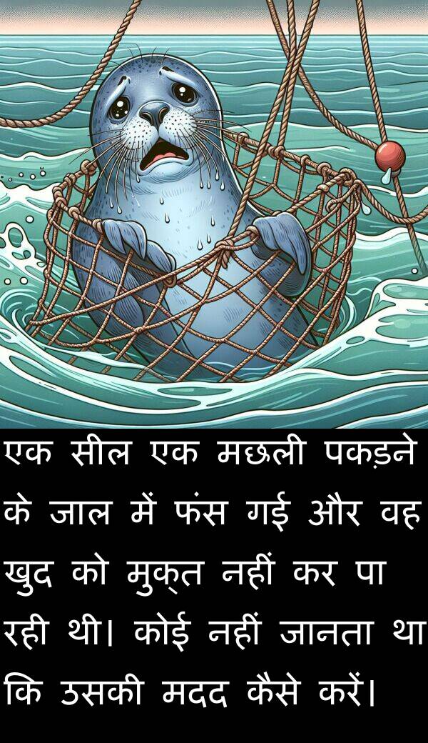 खुद: एक सील एक मछली पकड़ने के जाल में फंस गई और वह खुद को मुक्त नहीं कर पा रही थी। कोई नहीं जानता था कि उसकी मदद कैसे करें।