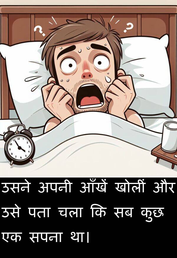 खोलीं: उसने अपनी आँखें खोलीं और उसे पता चला कि सब कुछ एक सपना था।