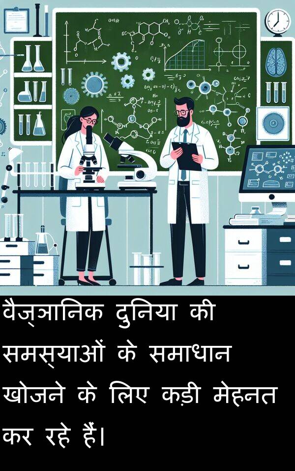 खोजने: वैज्ञानिक दुनिया की समस्याओं के समाधान खोजने के लिए कड़ी मेहनत कर रहे हैं।