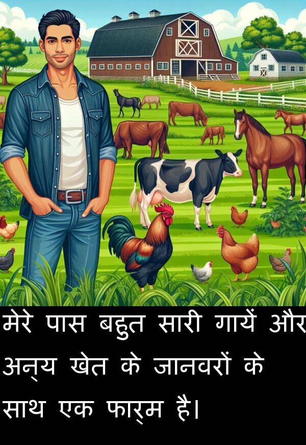 खेत: मेरे पास बहुत सारी गायें और अन्य खेत के जानवरों के साथ एक फार्म है।