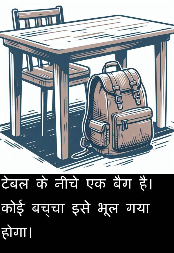 भूल: टेबल के नीचे एक बैग है। कोई बच्चा इसे भूल गया होगा।