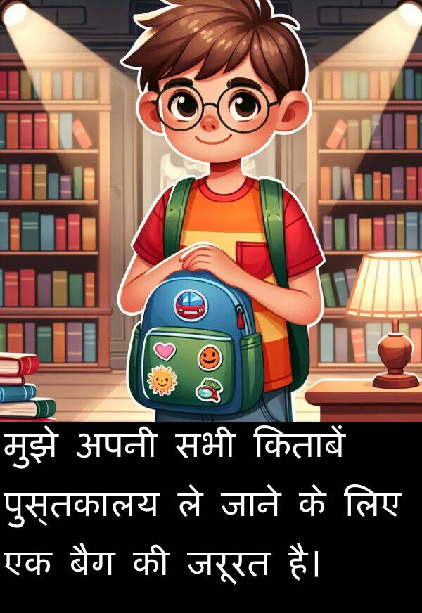 पुस्तकालय: मुझे अपनी सभी किताबें पुस्तकालय ले जाने के लिए एक बैग की जरूरत है।