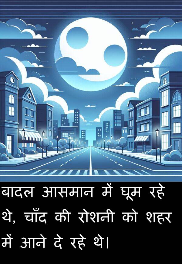 आने: बादल आसमान में घूम रहे थे, चाँद की रोशनी को शहर में आने दे रहे थे।