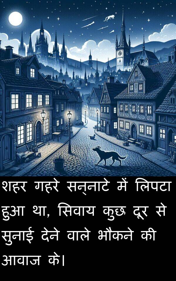 लिपटा: शहर गहरे सन्नाटे में लिपटा हुआ था, सिवाय कुछ दूर से सुनाई देने वाले भौंकने की आवाज के।
