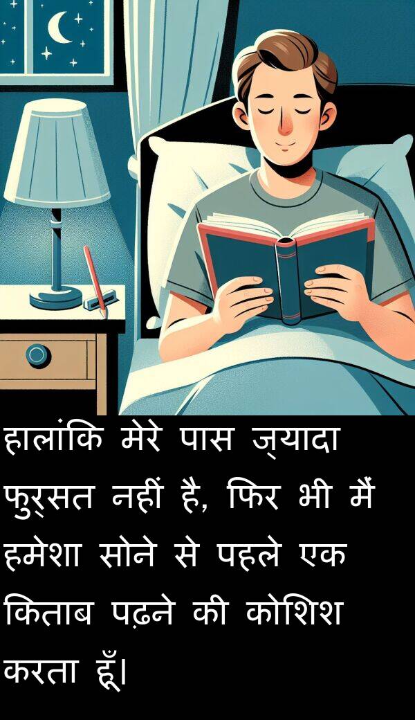 फिर: हालांकि मेरे पास ज्यादा फुर्सत नहीं है, फिर भी मैं हमेशा सोने से पहले एक किताब पढ़ने की कोशिश करता हूँ।