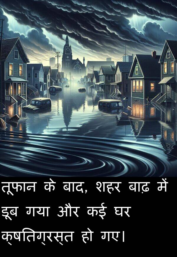 बाढ़: तूफान के बाद, शहर बाढ़ में डूब गया और कई घर क्षतिग्रस्त हो गए।
