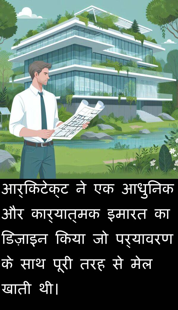 पर्यावरण: आर्किटेक्ट ने एक आधुनिक और कार्यात्मक इमारत का डिज़ाइन किया जो पर्यावरण के साथ पूरी तरह से मेल खाती थी।