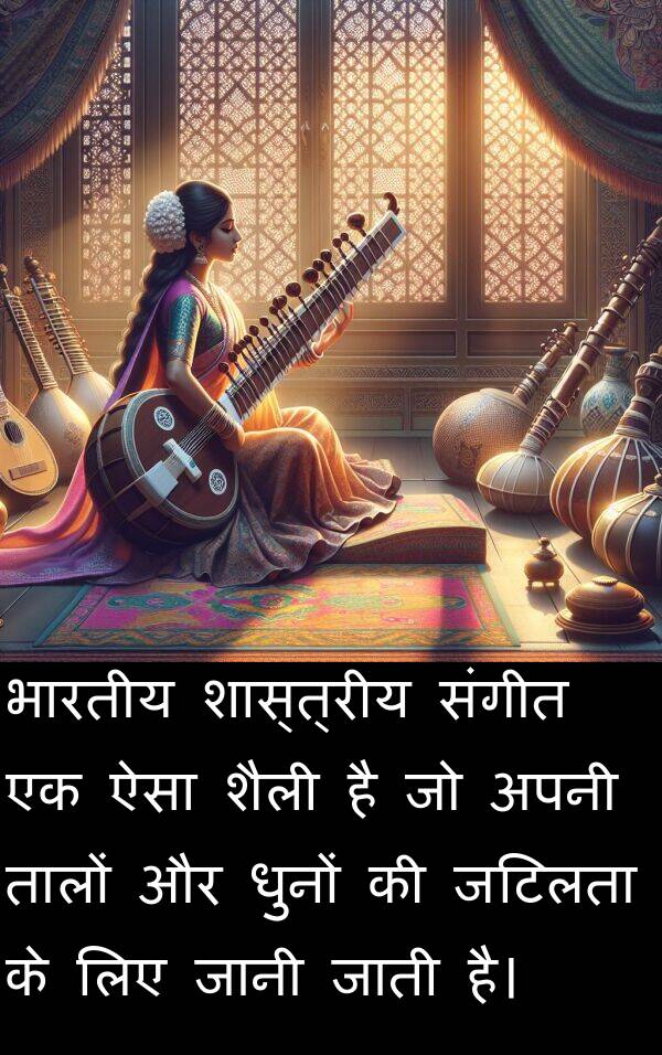 धुनों: भारतीय शास्त्रीय संगीत एक ऐसा शैली है जो अपनी तालों और धुनों की जटिलता के लिए जानी जाती है।