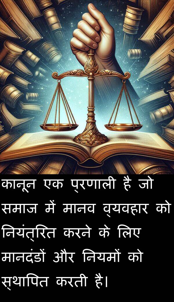 नियमों: कानून एक प्रणाली है जो समाज में मानव व्यवहार को नियंत्रित करने के लिए मानदंडों और नियमों को स्थापित करती है।