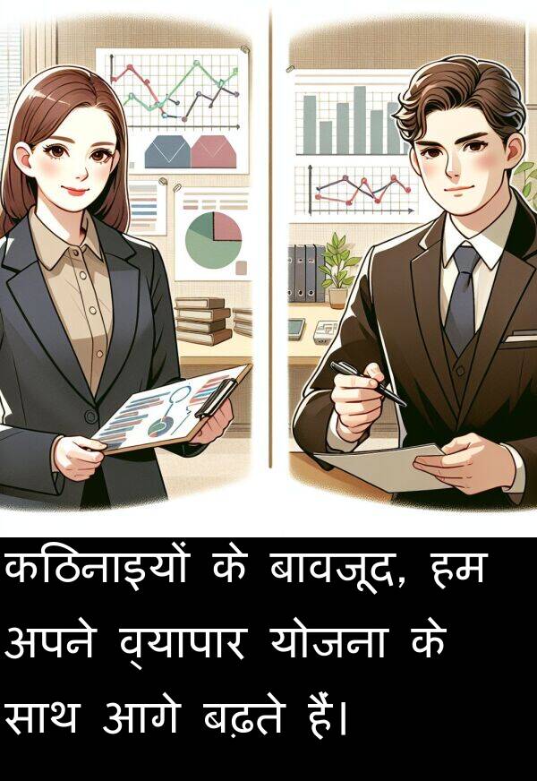 बढ़ते: कठिनाइयों के बावजूद, हम अपने व्यापार योजना के साथ आगे बढ़ते हैं।