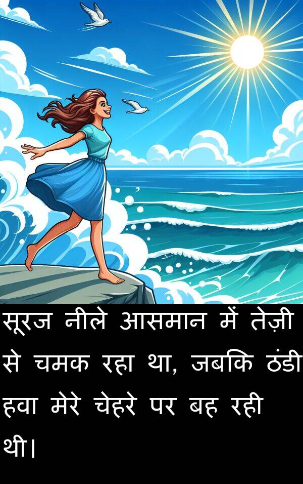 सूरज: सूरज नीले आसमान में तेज़ी से चमक रहा था, जबकि ठंडी हवा मेरे चेहरे पर बह रही थी।