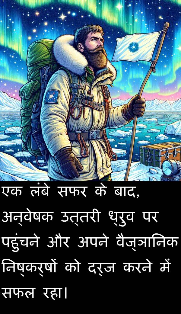 उत्तरी: एक लंबे सफर के बाद, अन्वेषक उत्तरी ध्रुव पर पहुंचने और अपने वैज्ञानिक निष्कर्षों को दर्ज करने में सफल रहा।