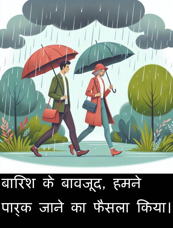 बावजूद: बारिश के बावजूद, हमने पार्क जाने का फैसला किया।