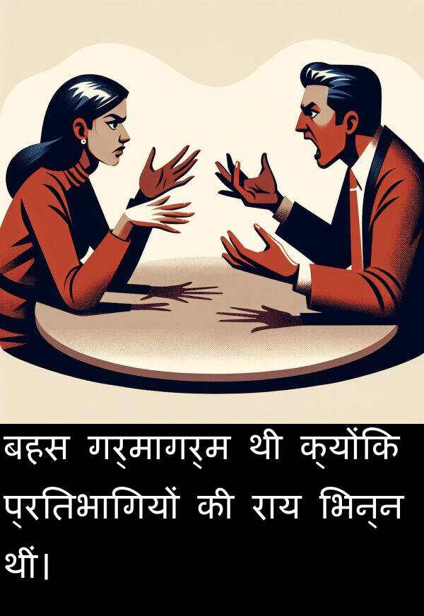 गर्मागर्म: बहस गर्मागर्म थी क्योंकि प्रतिभागियों की राय भिन्न थीं।