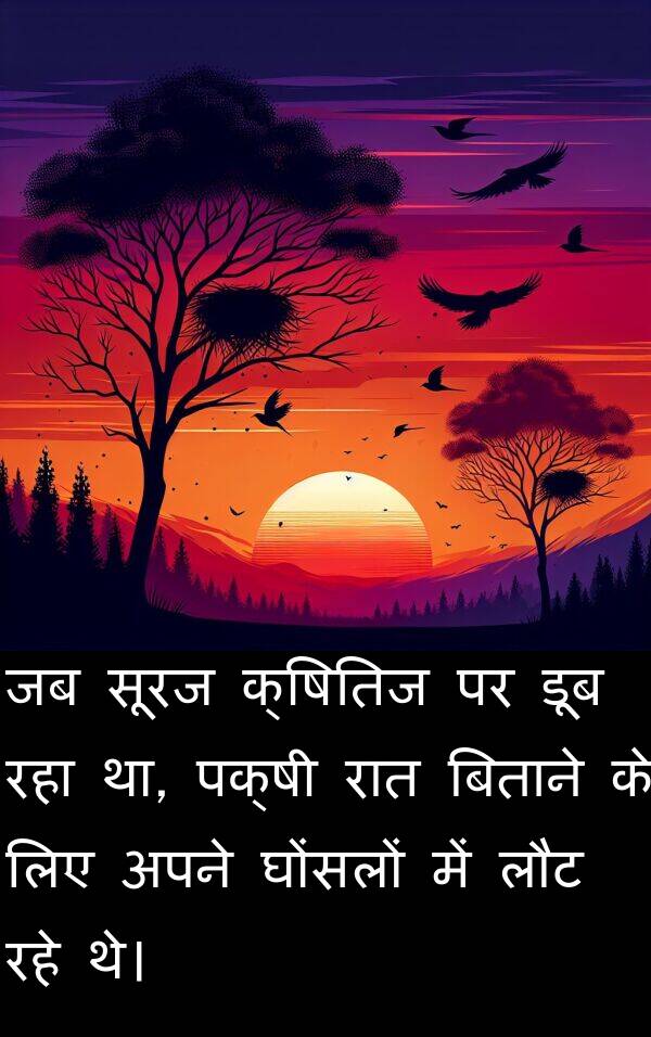 लौट: जब सूरज क्षितिज पर डूब रहा था, पक्षी रात बिताने के लिए अपने घोंसलों में लौट रहे थे।
