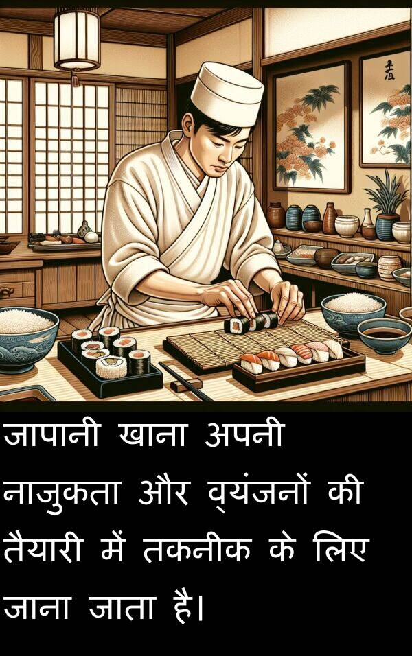 खाना: जापानी खाना अपनी नाजुकता और व्यंजनों की तैयारी में तकनीक के लिए जाना जाता है।