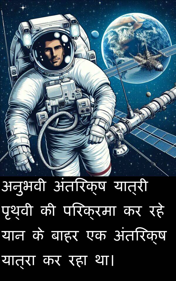 परिक्रमा: अनुभवी अंतरिक्ष यात्री पृथ्वी की परिक्रमा कर रहे यान के बाहर एक अंतरिक्ष यात्रा कर रहा था।