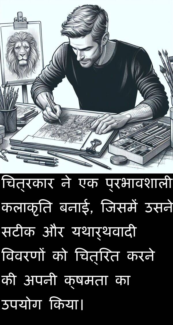 चित्रकार: चित्रकार ने एक प्रभावशाली कलाकृति बनाई, जिसमें उसने सटीक और यथार्थवादी विवरणों को चित्रित करने की अपनी क्षमता का उपयोग किया।