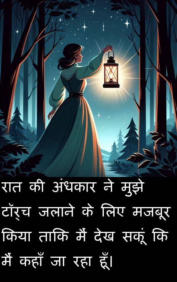 सकूं: रात की अंधकार ने मुझे टॉर्च जलाने के लिए मजबूर किया ताकि मैं देख सकूं कि मैं कहाँ जा रहा हूँ।