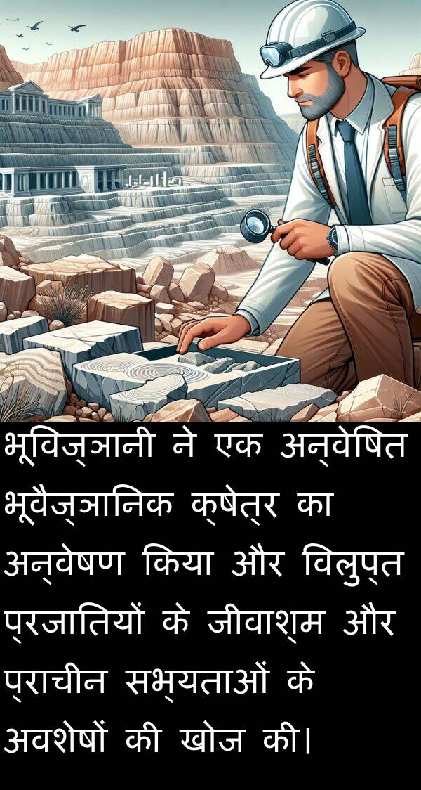 खोज: भूविज्ञानी ने एक अन्वेषित भूवैज्ञानिक क्षेत्र का अन्वेषण किया और विलुप्त प्रजातियों के जीवाश्म और प्राचीन सभ्यताओं के अवशेषों की खोज की।